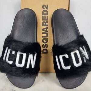 NWB~$825~DSQUARED2~8/8.5~ICON BLACK WHITE GENUINE RABBIT FUR SANDALS SLIDES